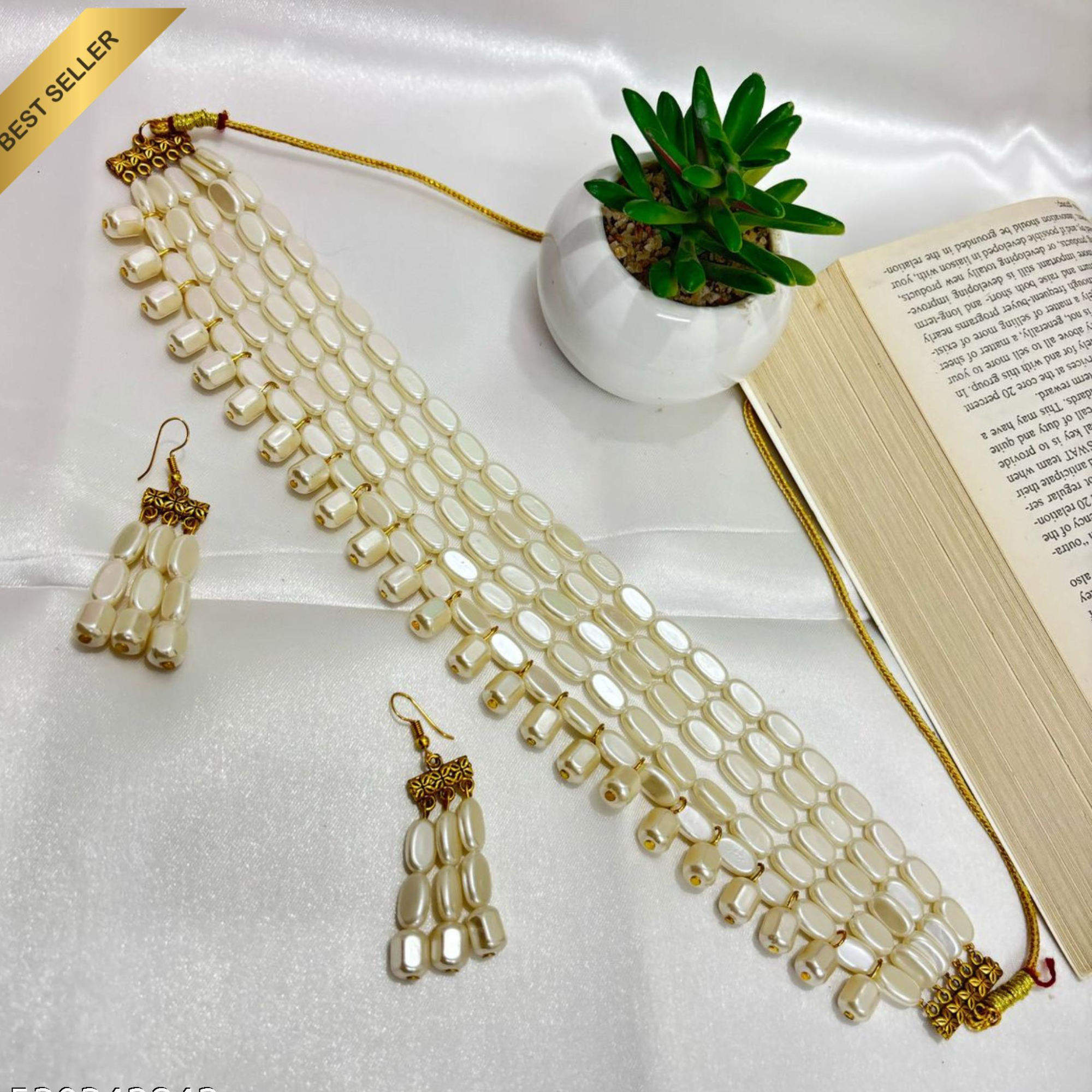 Ivory Pearl Choker Set With Earrings