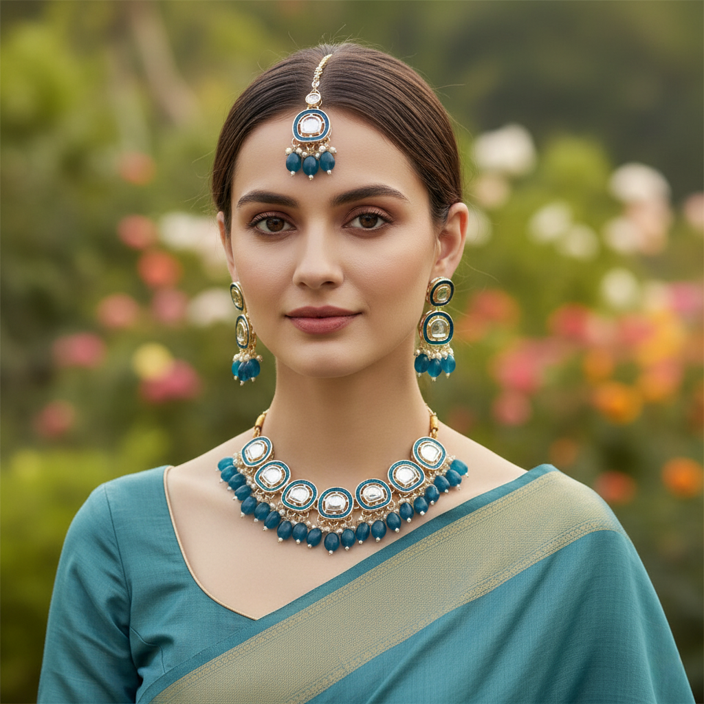 Sondarya Traditional Blue Meenakari & Kundan Necklace Set with Maang Tikka
