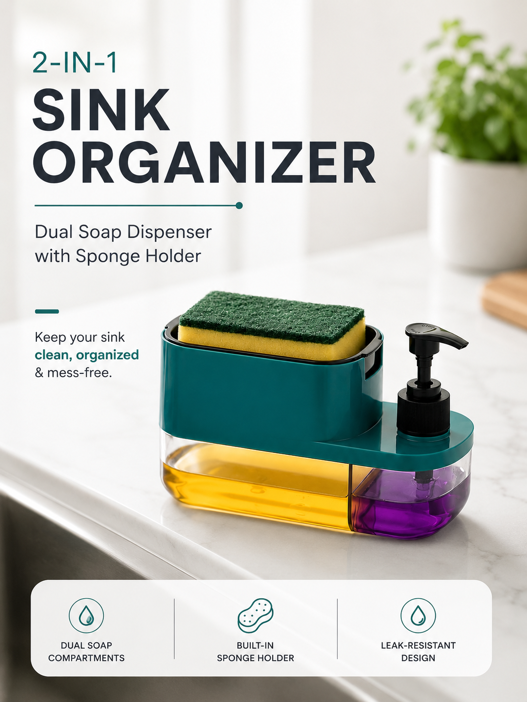 2-in-1 Kitchen Sink Organizer | Dual Soap Pump with Sponge Holder