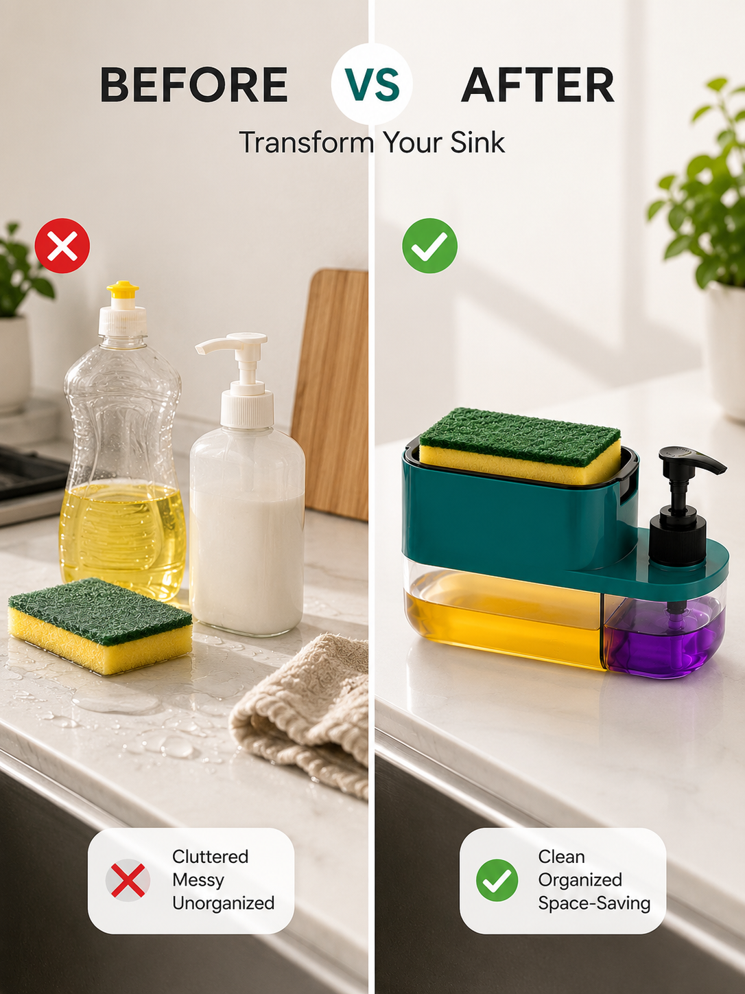 2-in-1 Kitchen Sink Organizer | Dual Soap Pump with Sponge Holder