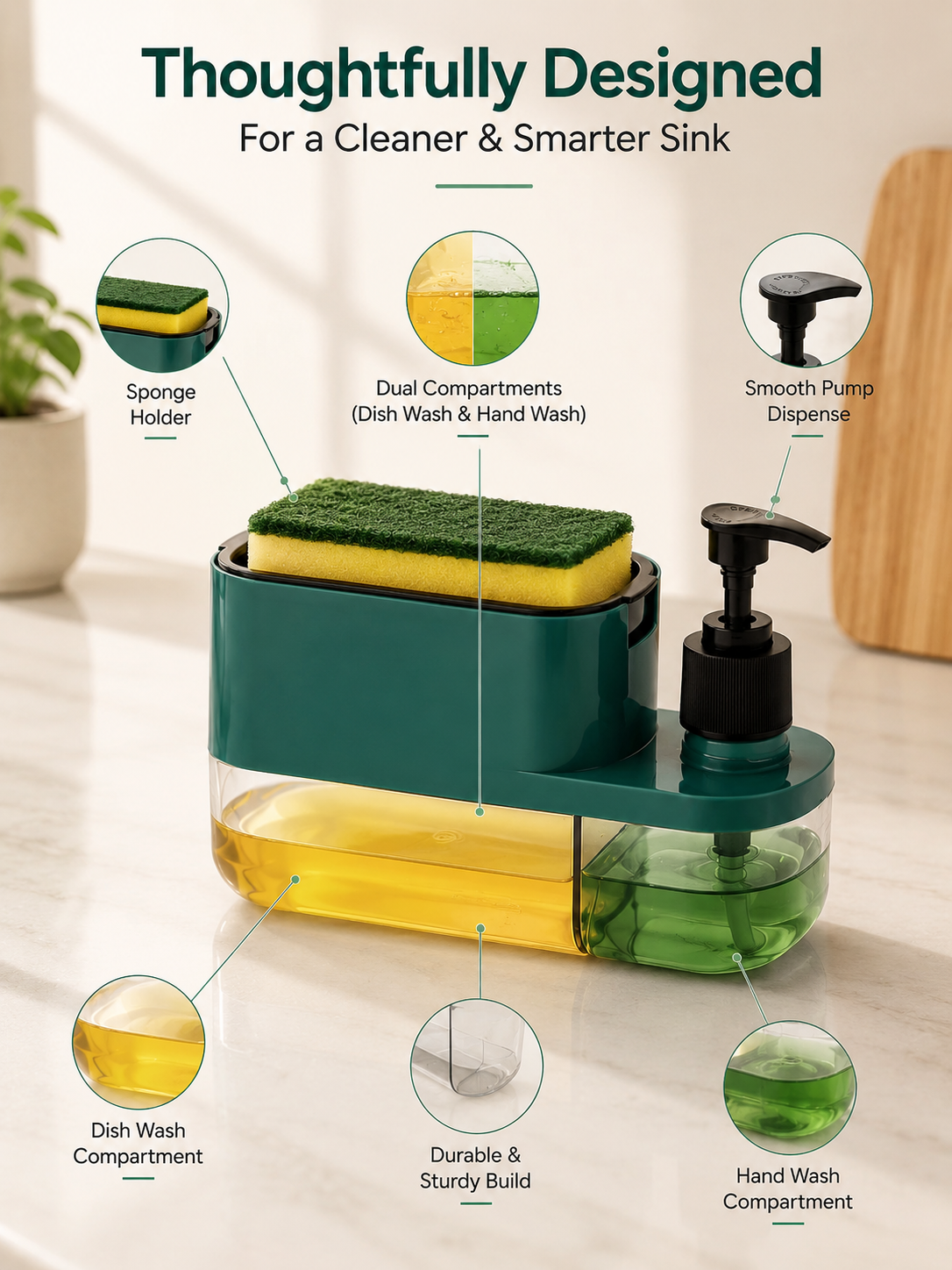 2-in-1 Kitchen Sink Organizer | Dual Soap Pump with Sponge Holder