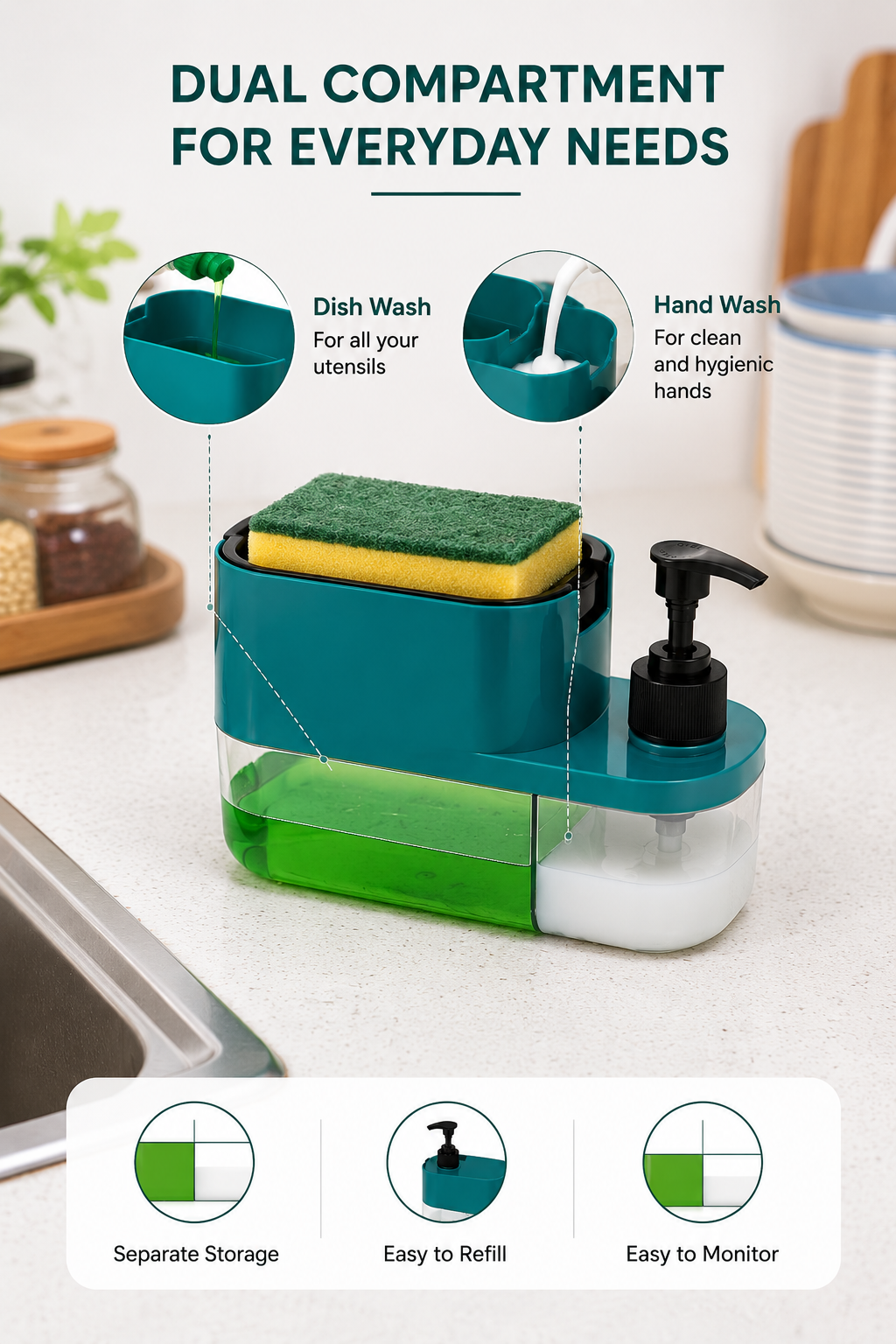 2-in-1 Kitchen Sink Organizer | Dual Soap Pump with Sponge Holder