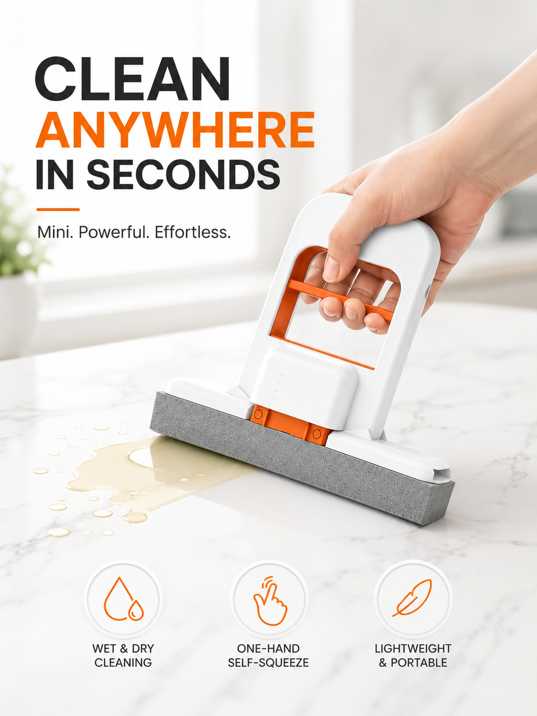 Mini Hand Press Sponge Mop | Self-Squeeze Wet & Dry Cleaning Mop for Kitchen, Bathroom, Glass, Windows, Countertops, Sink, Mirror & Car Interior