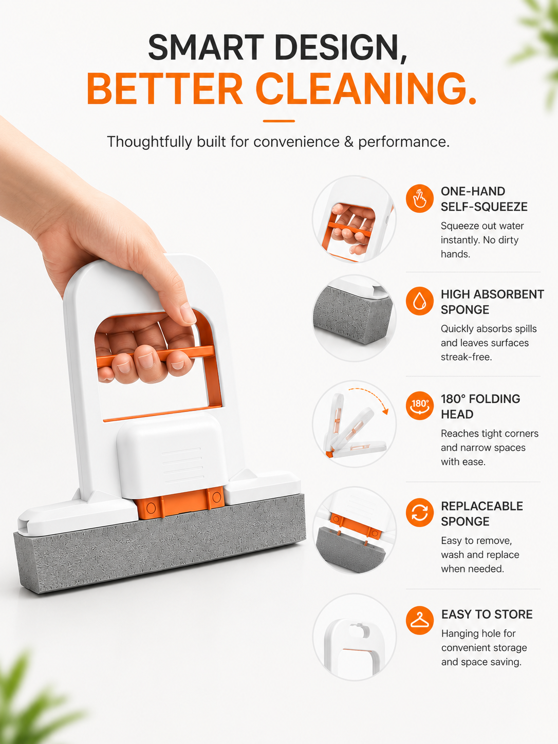 Mini Hand Press Sponge Mop | Self-Squeeze Wet & Dry Cleaning Mop for Kitchen, Bathroom, Glass, Windows, Countertops, Sink, Mirror & Car Interior