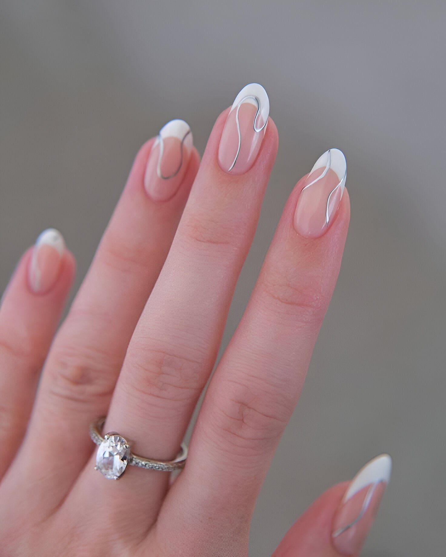 Nude French Tip with Silver Wavy Design – Press-On Nails Kit