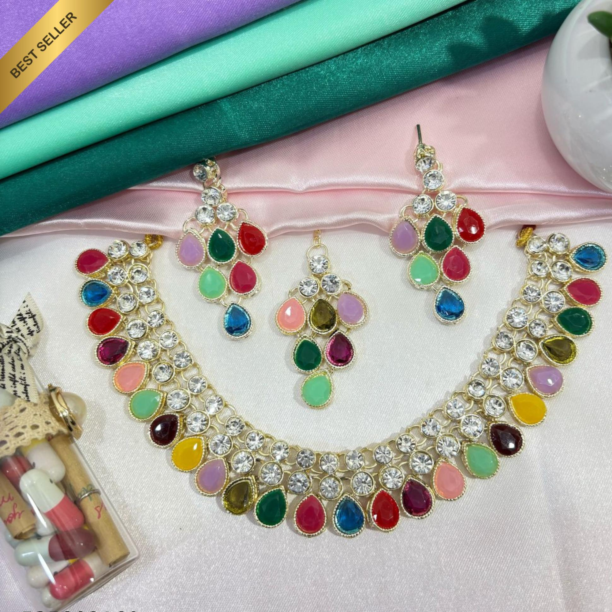 Sondarya Multi-Color Teardrop Kundan Necklace Set with Maang Tikka
