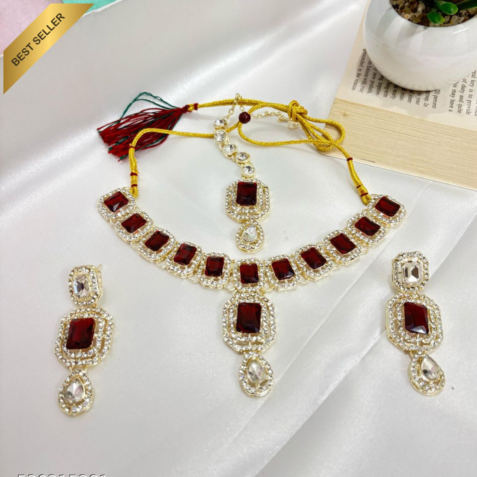 Sondarya Ruby Red Kundan Necklace Set with Maang Tikka