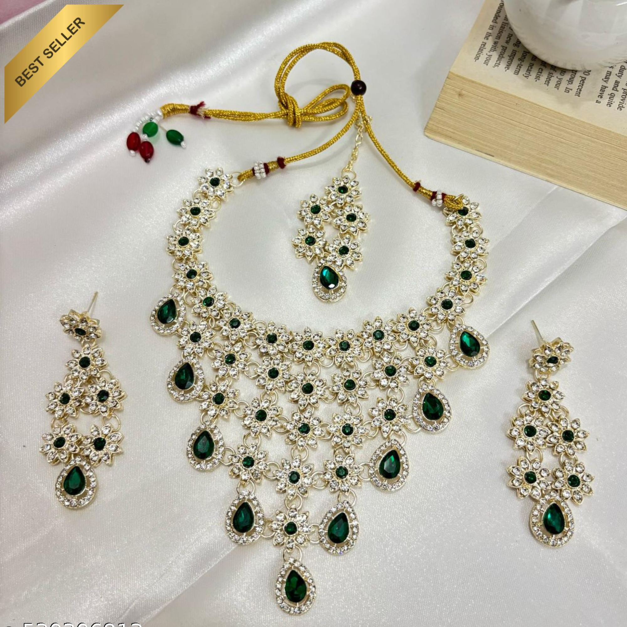 Sondarya Floral Kundan & Emerald Green Drop Necklace Set with Maang Tikka & Earrings