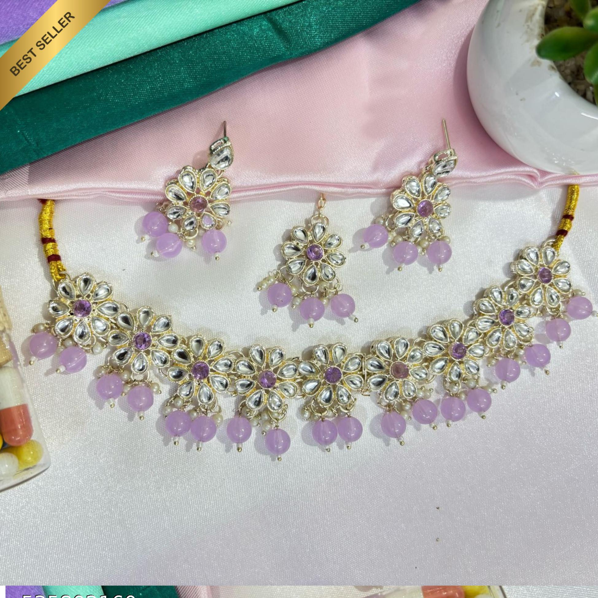 Sondarya Floral Kundan Necklace Set with Purple Beads & Maang Tikka