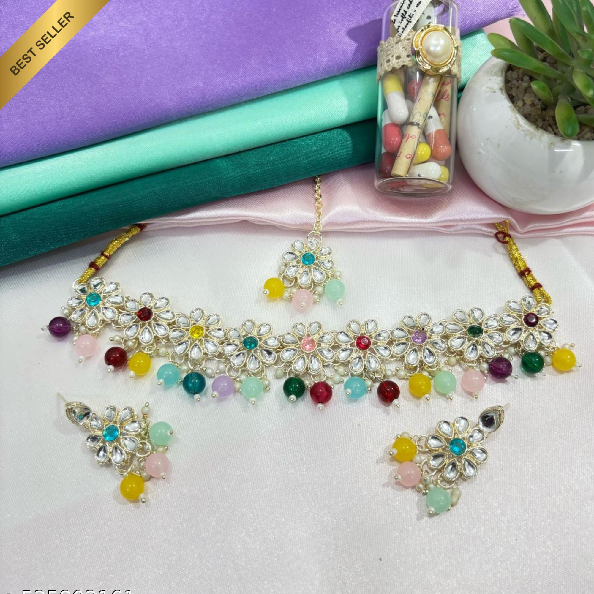 Sondarya Multi-Color Beaded Kundan Necklace Set with Maang Tikka