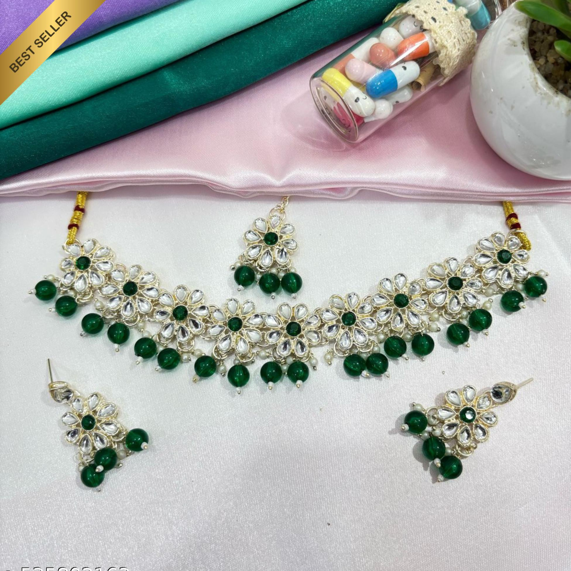 Sondarya Green Beaded Kundan Necklace Set with Maang Tikka
