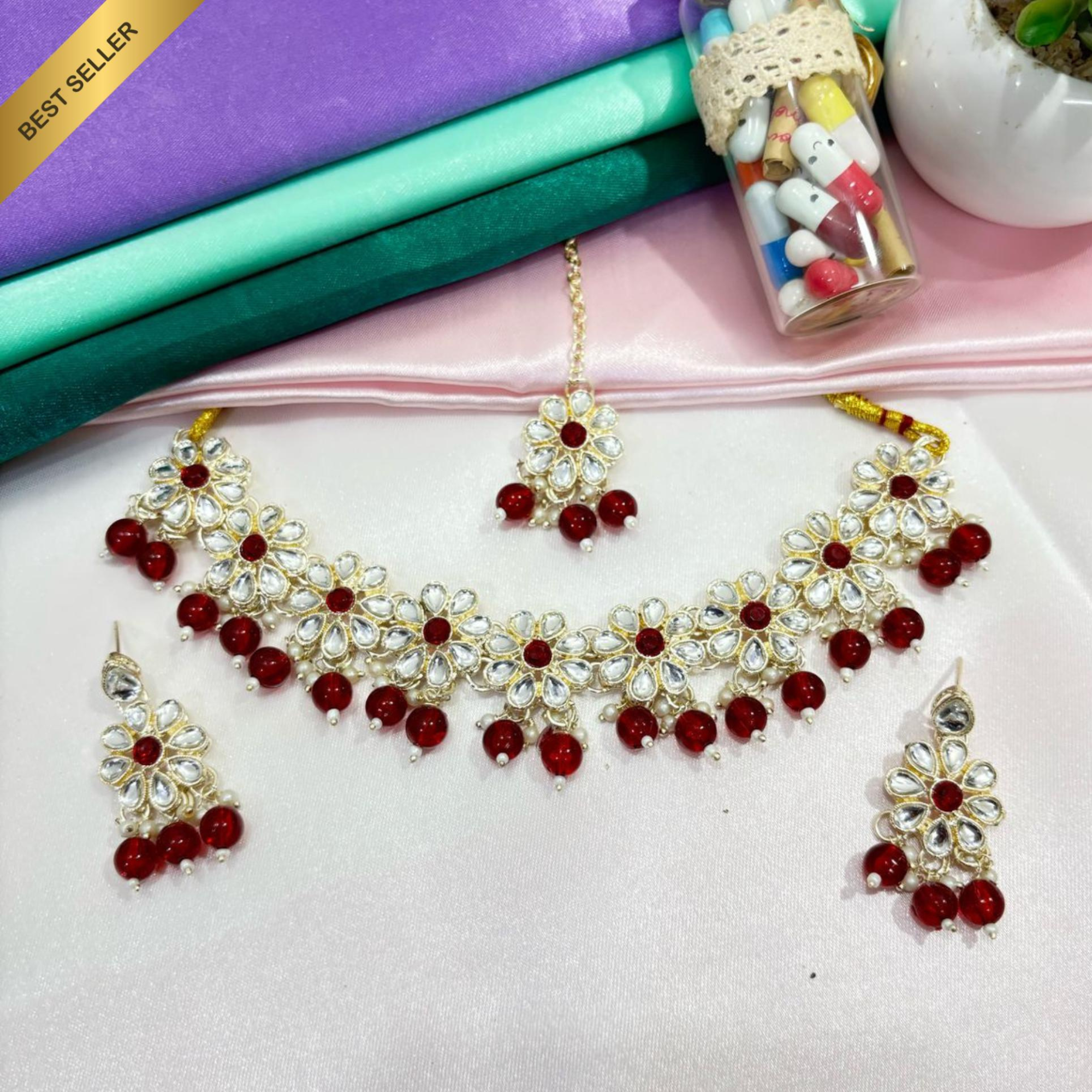 Sondarya Kundan Necklace Set with Ruby Red Beads & Maang Tikka