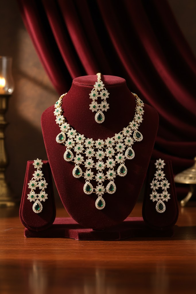 Sondarya Floral Kundan & Emerald Green Drop Necklace Set with Maang Tikka & Earrings
