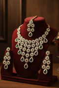Sondarya Floral Kundan & Emerald Green Drop Necklace Set with Maang Tikka & Earrings