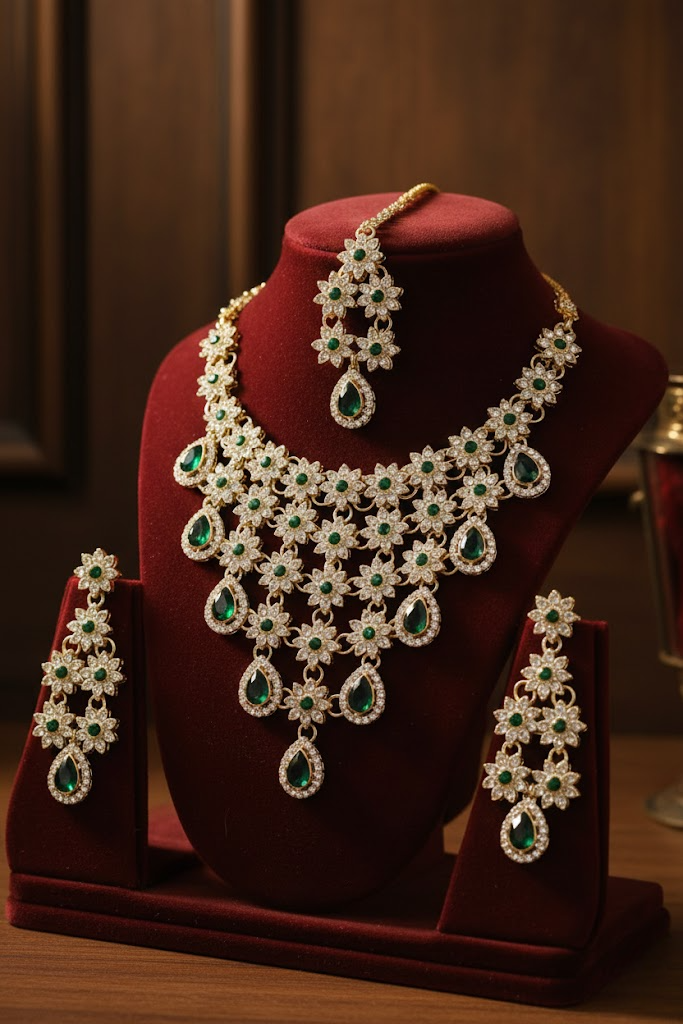 Sondarya Floral Kundan & Emerald Green Drop Necklace Set with Maang Tikka & Earrings