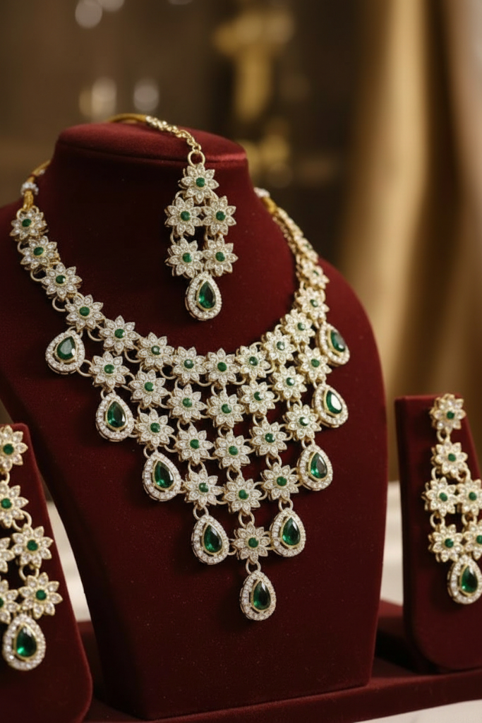 Sondarya Floral Kundan & Emerald Green Drop Necklace Set with Maang Tikka & Earrings
