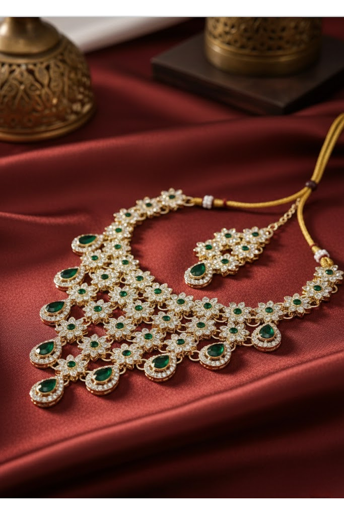 Sondarya Floral Kundan & Emerald Green Drop Necklace Set with Maang Tikka & Earrings