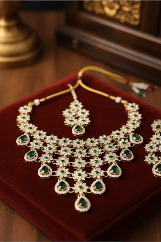 Sondarya Floral Kundan & Emerald Green Drop Necklace Set with Maang Tikka & Earrings