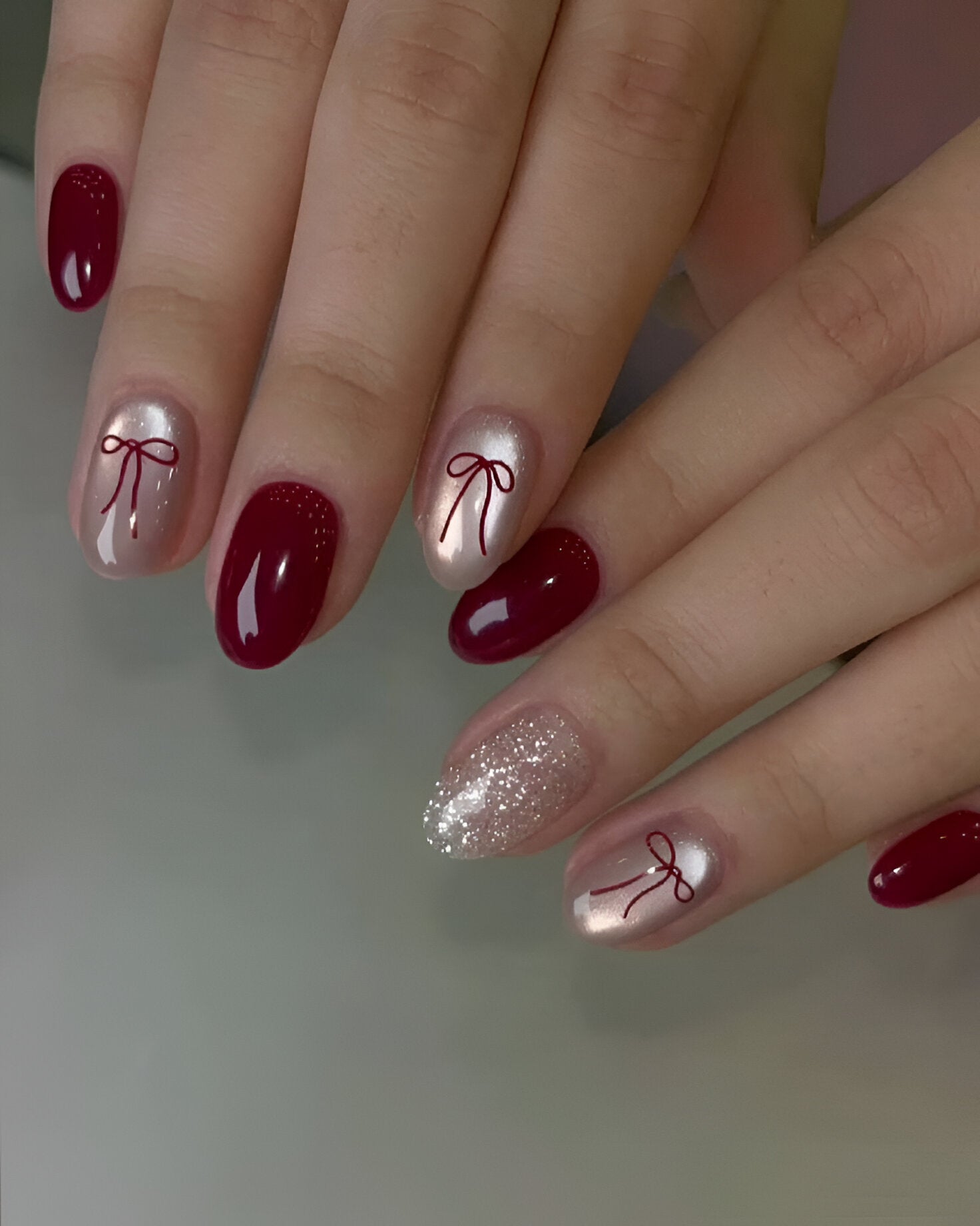 Maroon Bow & Cateye Press-On Nails Kit – Full Nail Kit