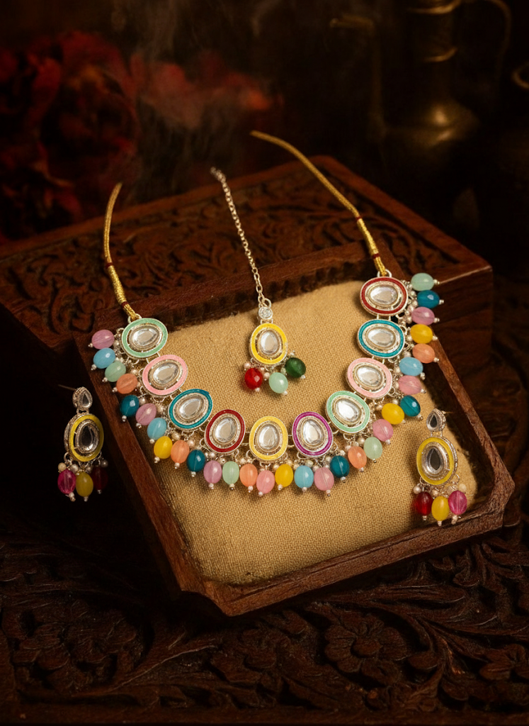 Sondarya Multi-Color Meenakari & Kundan Necklace Set with Maang Tikka