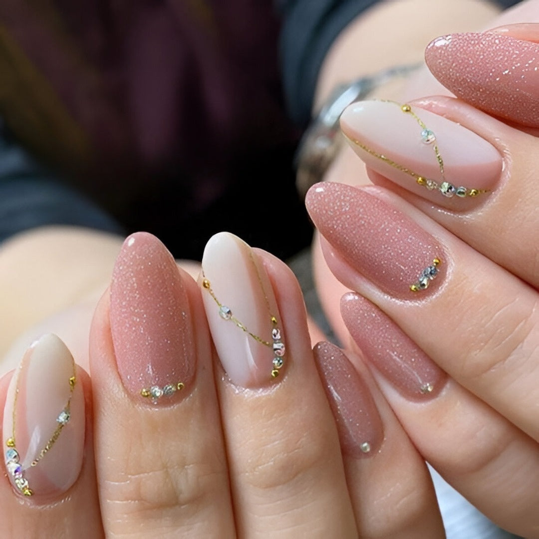 Cateye Glitter Stroke & Stone Work Press-On Nails + Full Application Kit