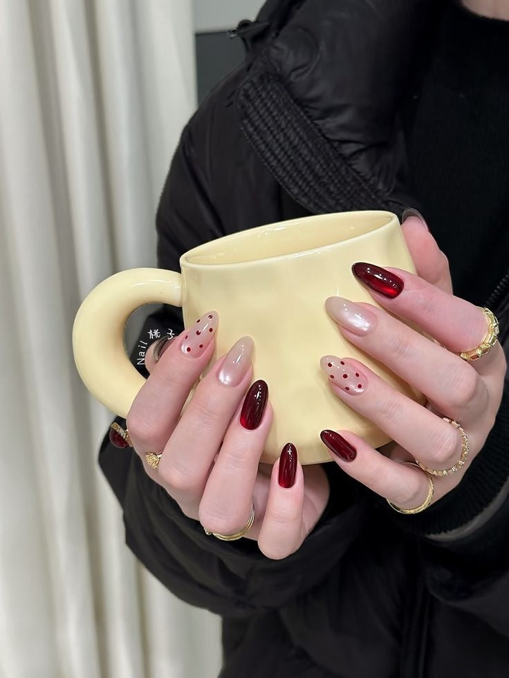 Maroon Cateye Doting Art Press-On Nails + Full Application Kit