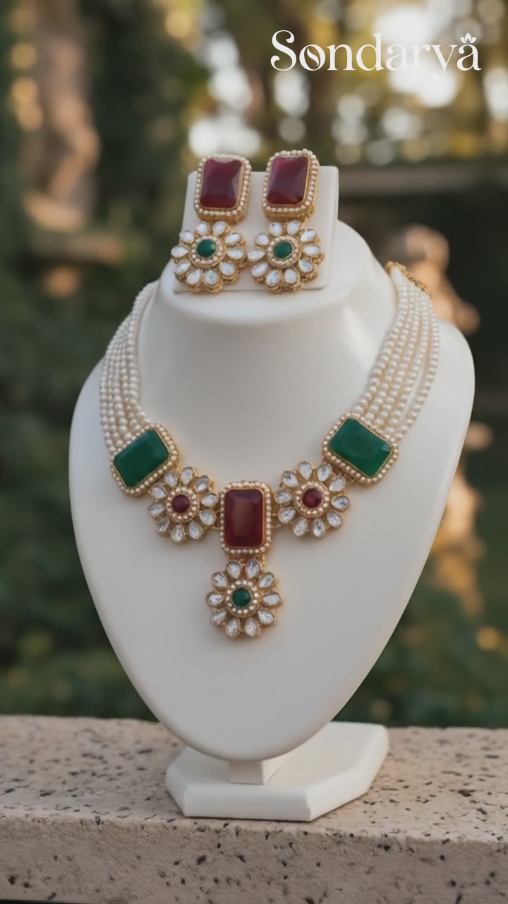 Dual Tone Red & Green Stone Pearl Necklace Set with Earrings