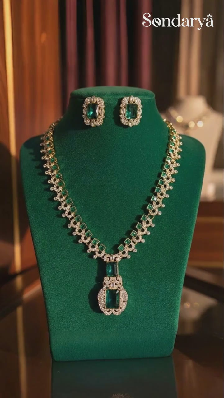 Sondarya Royal Emerald Green Statement Necklace Set With Earrings