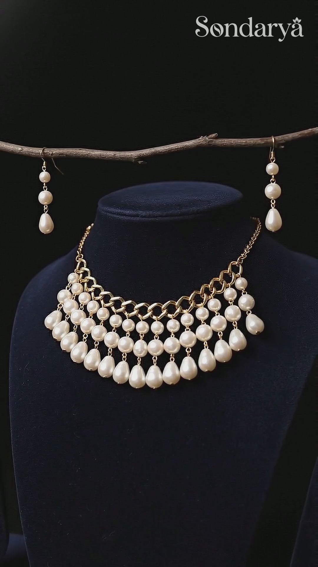 Gold & Pearl Multi-Strand Choker Set With Earrings