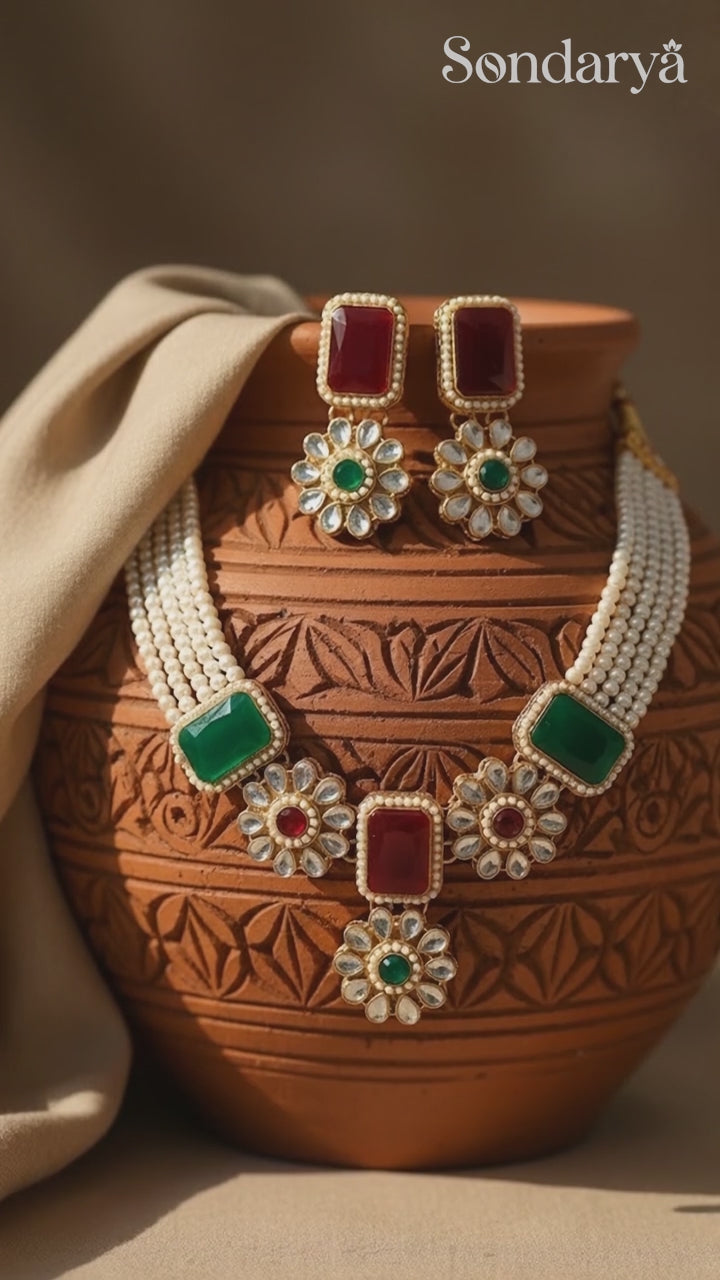 Dual Tone Red & Green Pearl Necklace Set with Earrings