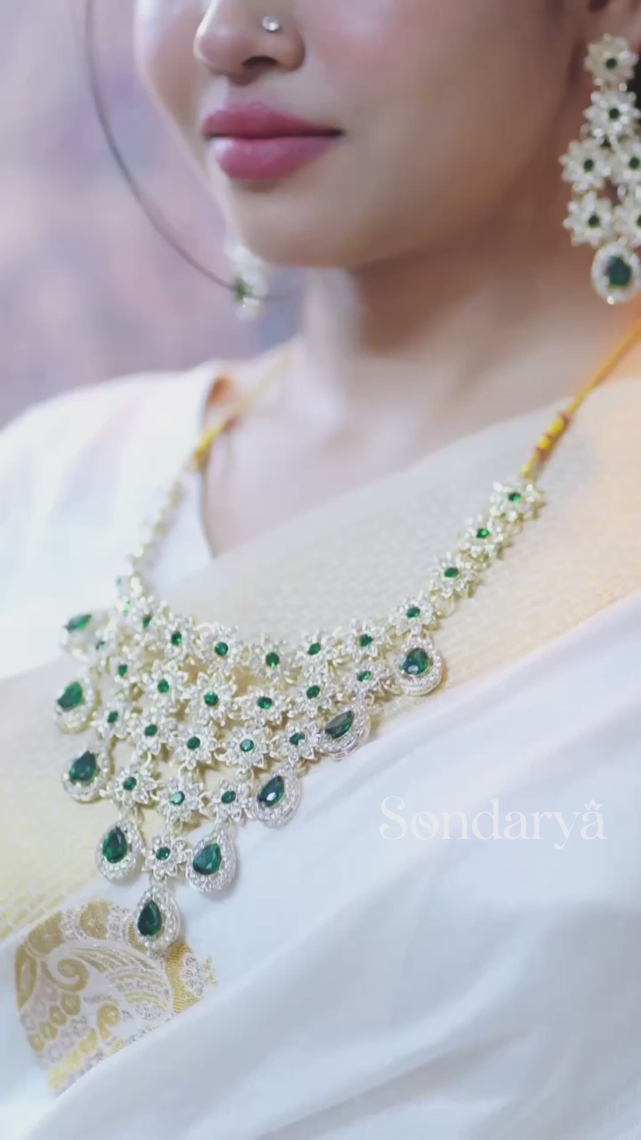Sondarya Floral Kundan & Emerald Green Drop Necklace Set with Maang Tikka & Earrings