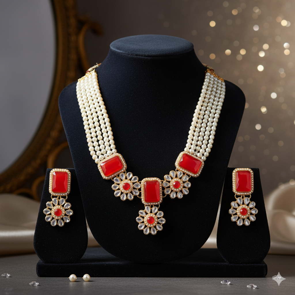 Vibrant Coral Red Stone & Pearl Bridal Necklace Set with Earrings