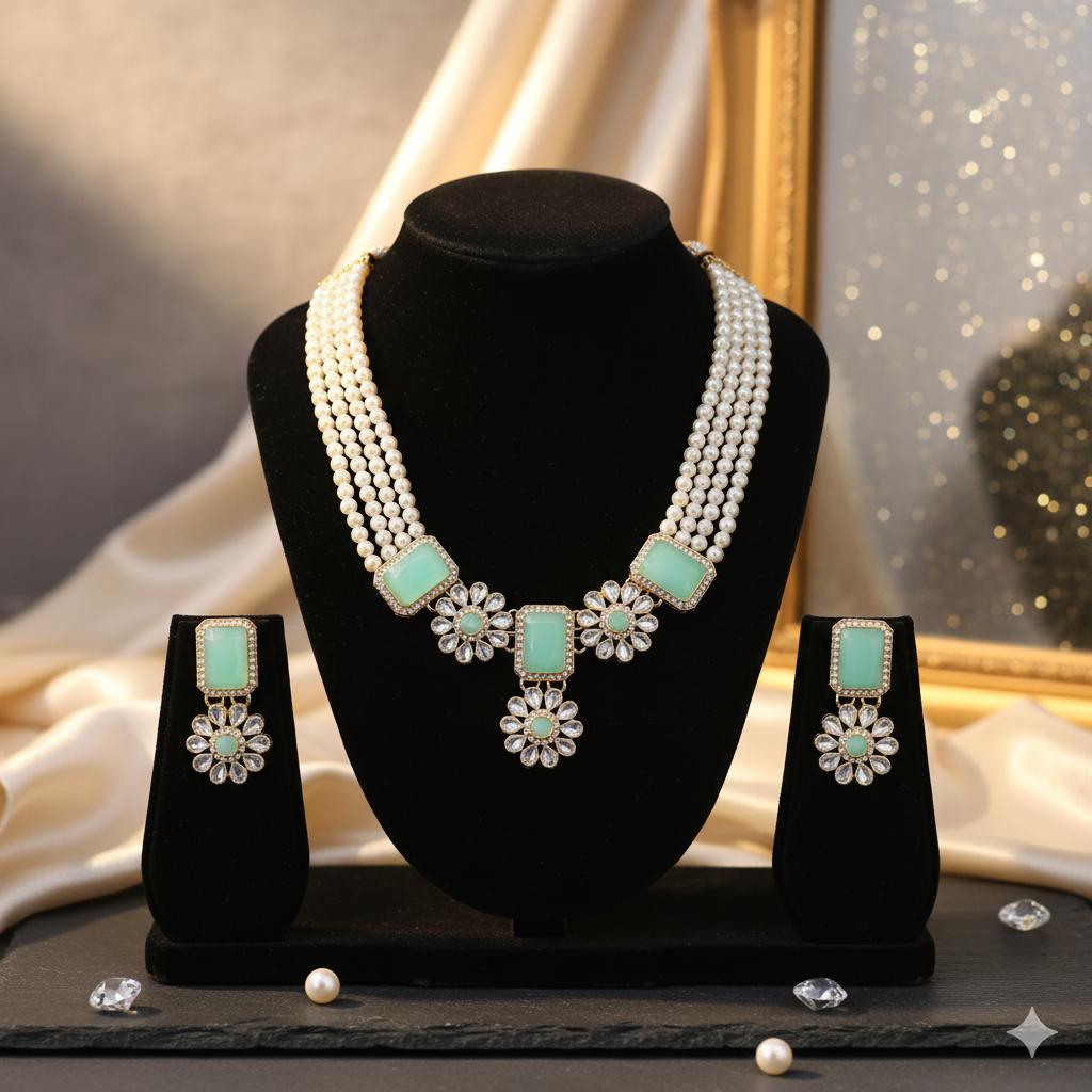 Designer Mint Green Stone & Pearl Necklace Set with Earrings