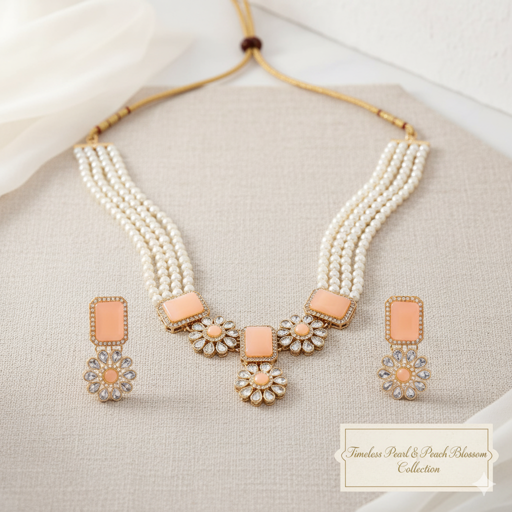 Stylish Peach Stone & Pearl Necklace Set with Earrings