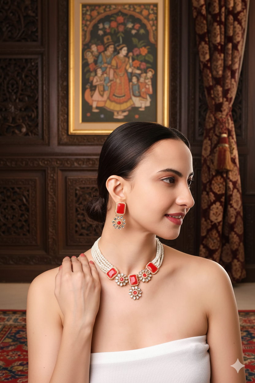 Vibrant Coral Red Stone & Pearl Bridal Necklace Set with Earrings