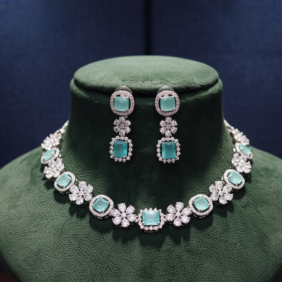 Sondarya Aqua American Diamond Necklace Set with Dangler Earrings