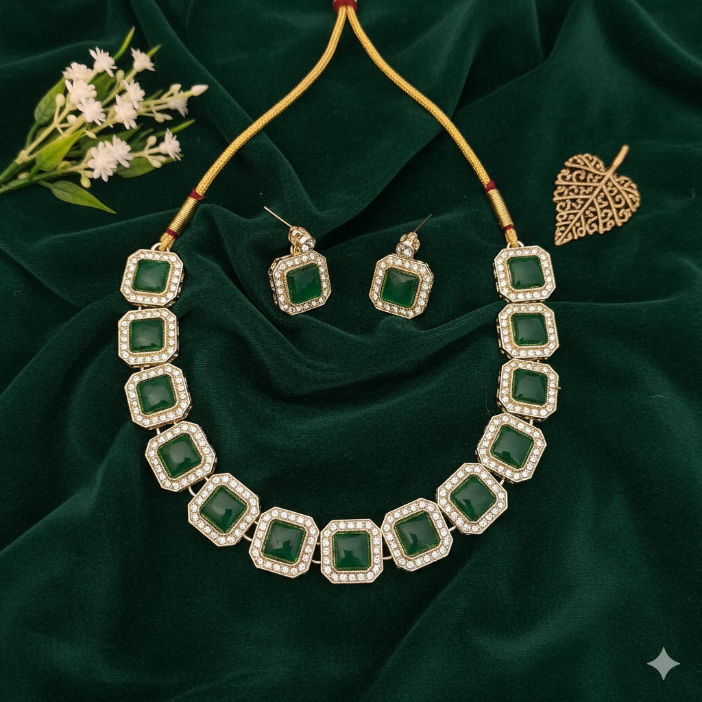 Emerald Green Studded Necklace Set With Earrings