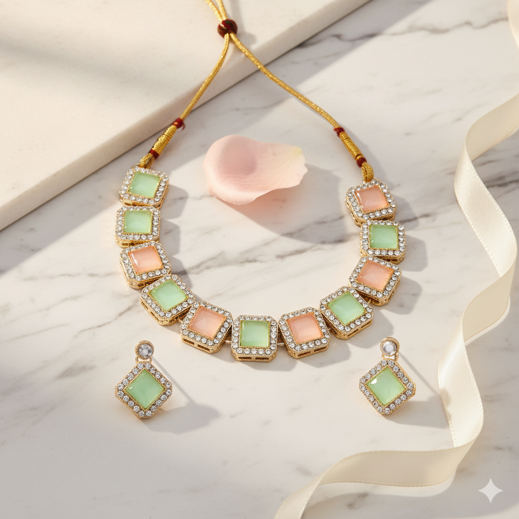 Dual-Tone Studded Necklace Set With Earrings