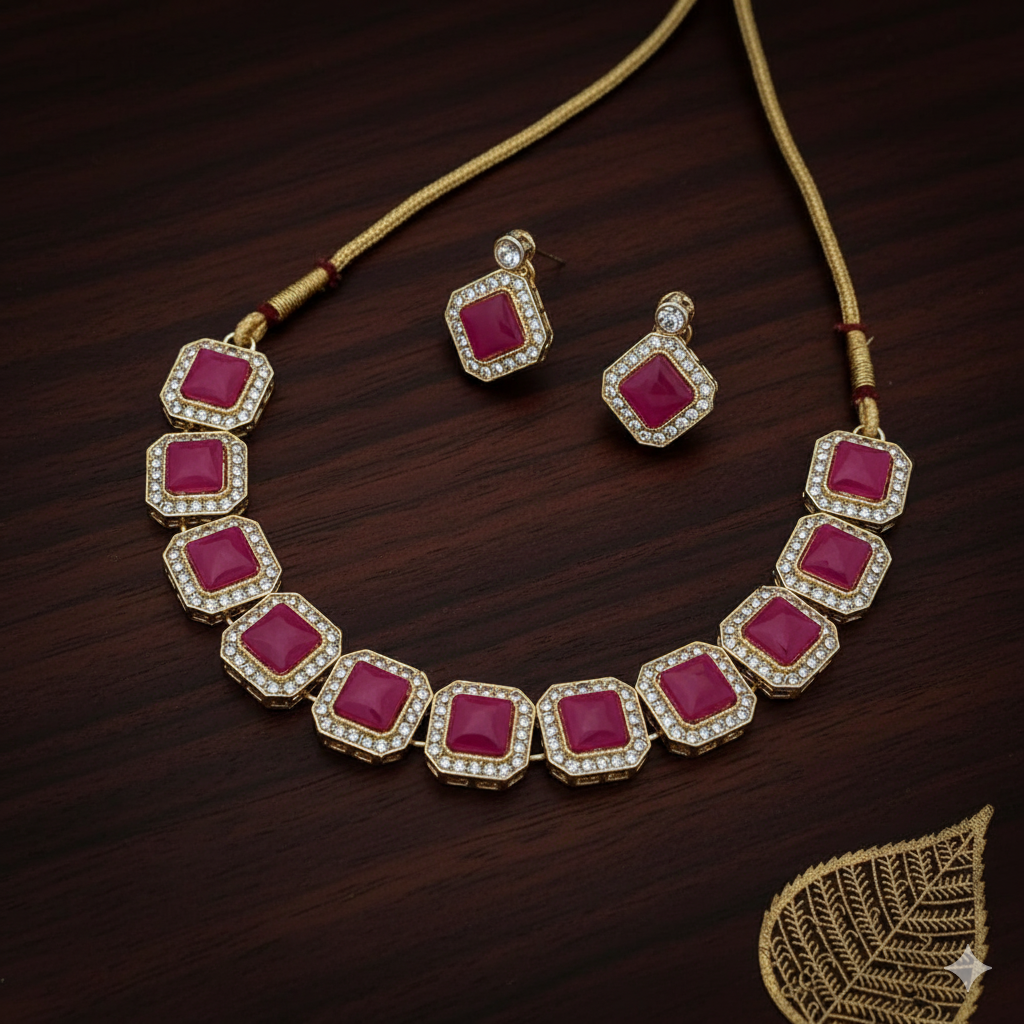 Maroon Studded Necklace Set With Earrings
