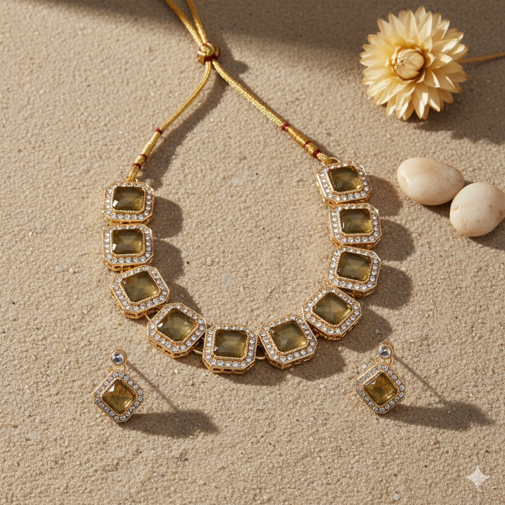 Smokey Yellow Studded Necklace Set With Earrings