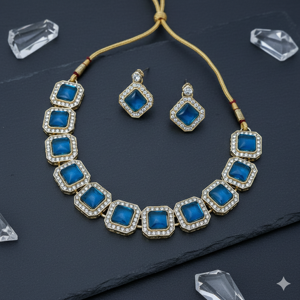Blue Studded Necklace Set With Earrings