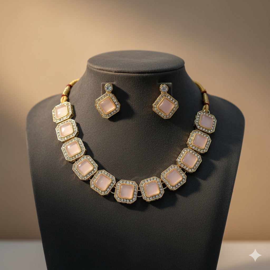 Baby Pink Studded Necklace Set With Earrings