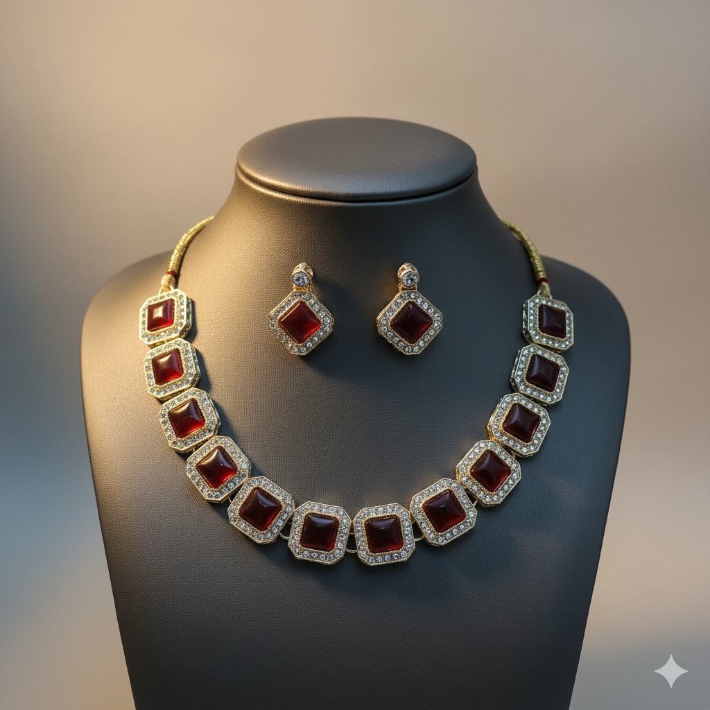 Maroon Kundan Studded Necklace Set With Earrings